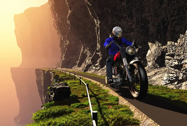 Homem Uma Motocicleta Uma Estrada Montanha Render — Fotografia de Stock