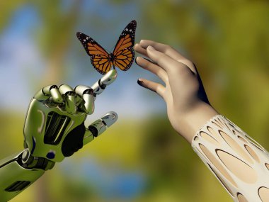 Bir robot ve bir adam ve bir butterfly.3d render