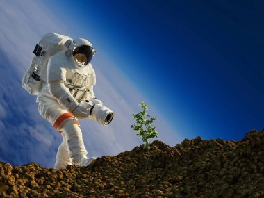 Çim gezegende dikim astronot. 3D render