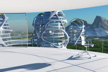 İçerideki bina gökyüzüne karşı, 3 boyutlu.