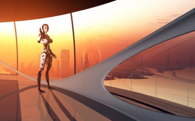 Bir cyborg bir modern iç....., 3d render figürü