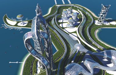 Gelecekten gelen fantastik bir şehir. 3D görüntüleme.