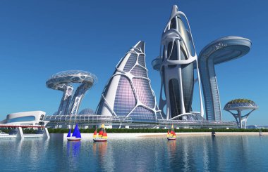 Gelecekten gelen fantastik bir şehir. 3D görüntüleme.