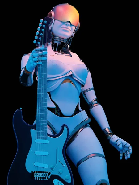 Robô Com Uma Guitarra Fundo Preto Renderização — Fotografia de Stock