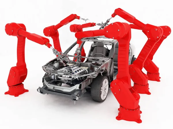 机器人小组收集现代汽车 3D渲染 — 图库照片