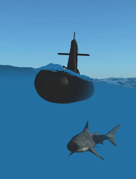 潜艇和鲨鱼在水下 — 图库照片