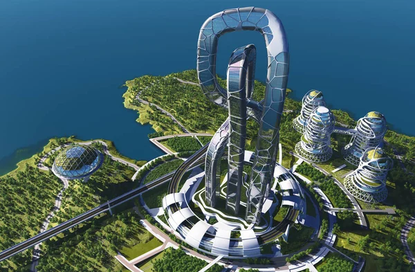 Una Città Fantastica Dal Futuro Render — Foto Stock