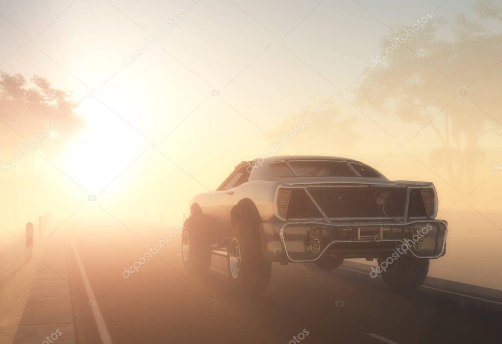 The car on the road in the fog.. 3d render