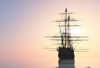 Denizde yelken açan klasik yelkenli.