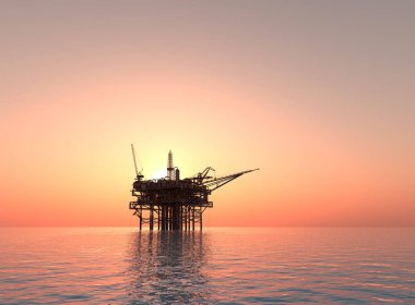 Akşam gökyüzünde petrol üretimi., 3D render