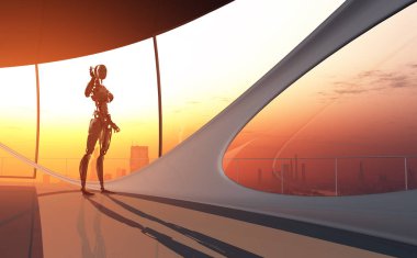 Bir cyborg bir modern iç....., 3d render figürü