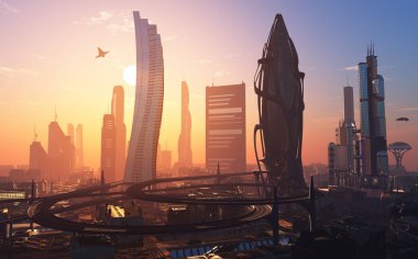 Gelecekten gelen fantastik bir şehir. 3D görüntüleme.