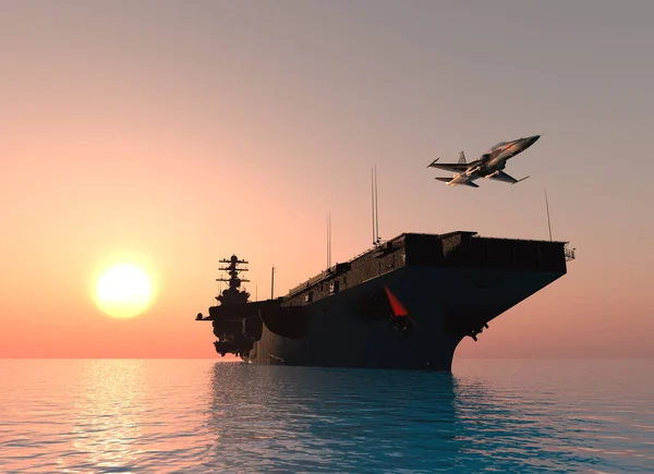Krigsfartyg Och Ett Flygplan Havet Render — Stockfoto