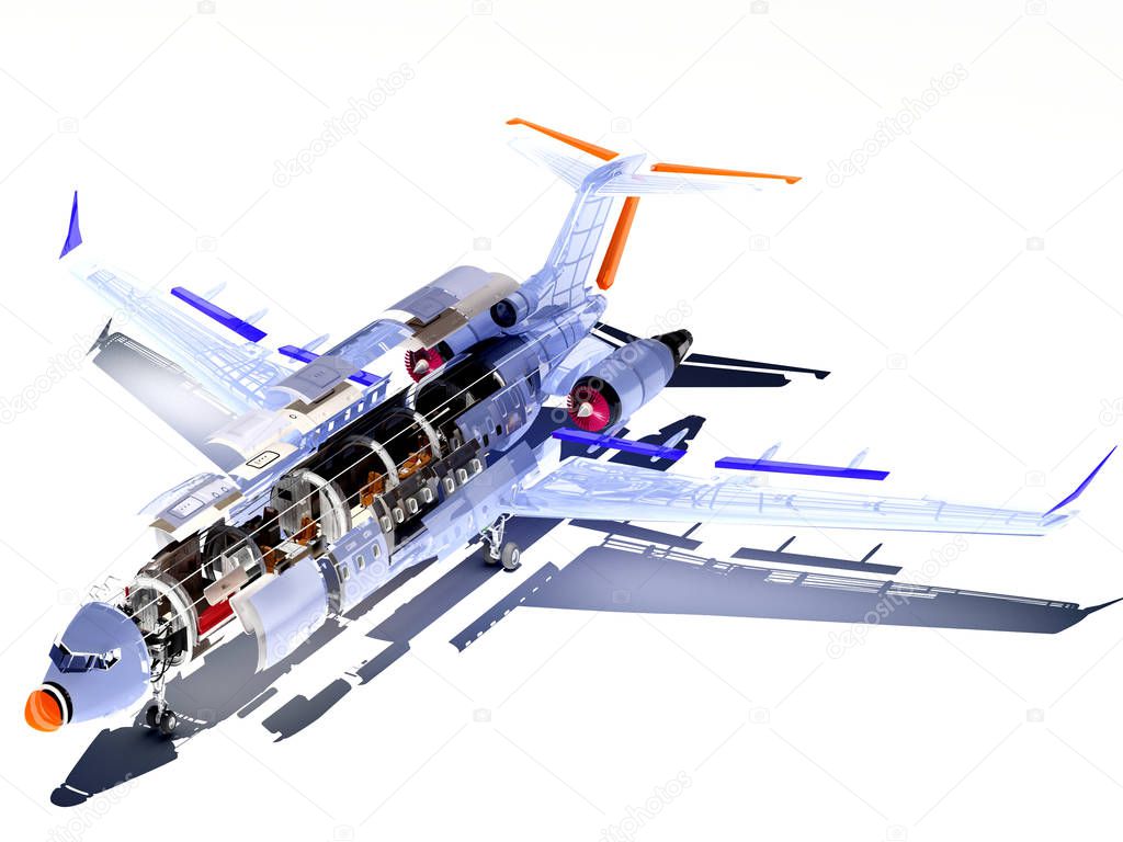 Passenger airplane in a cut on a white background.. ,3d render