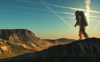 Gezegenin arka planındaki astronot 3D görüntüleme...