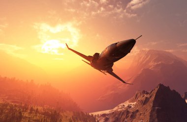 Gökyüzünün arka planındaki jet uçağı, 3D görüntüleme