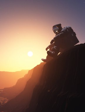 Gezegenin arka planındaki astronot... 3D görüntüleme