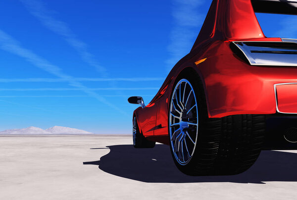 Sports car in the desert. ,3d render