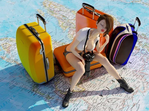Girl Suitcases March World Render — Stock Photo, Image