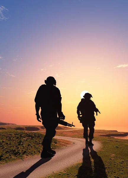 Eine Gruppe Soldaten Bei Sonnenuntergang Darstellung — Stockfoto