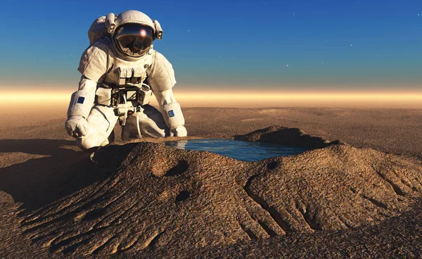 Astronauta Cerca Del Cráter Con Renderizado Water —  Fotos de Stock