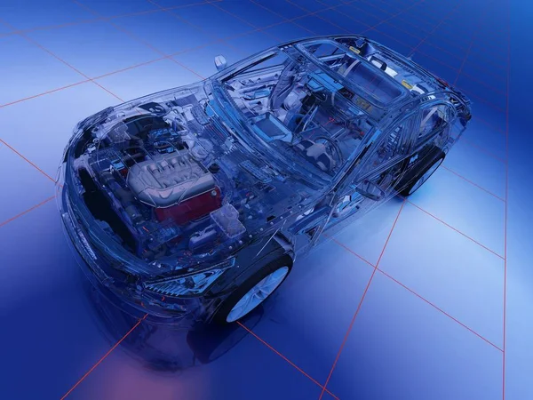 蓝色背景的车型 3D渲染 — 图库照片