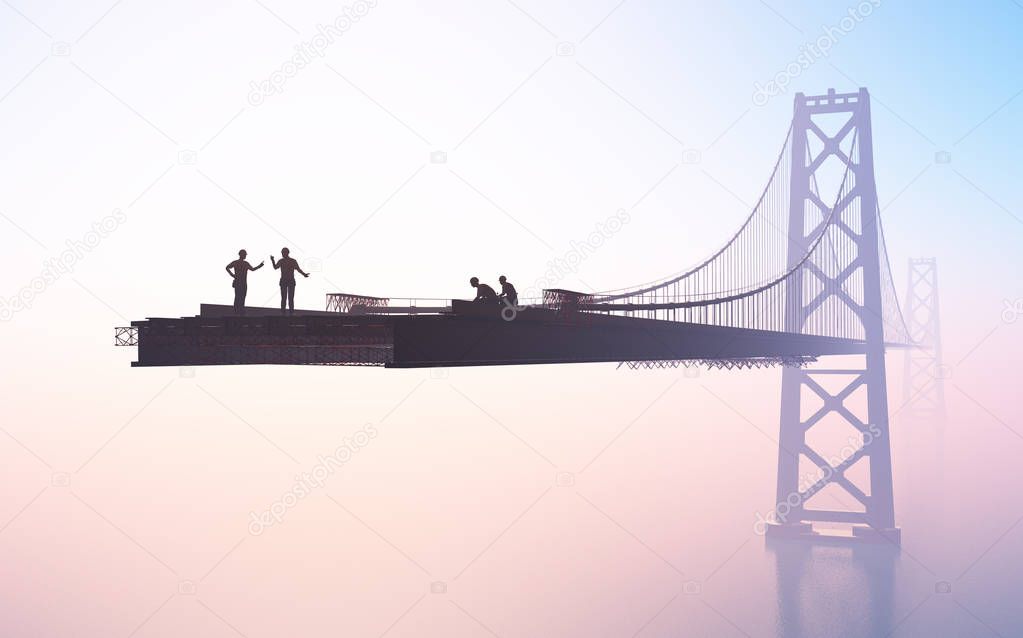 Bridge with workers on a blue background. ,3d render