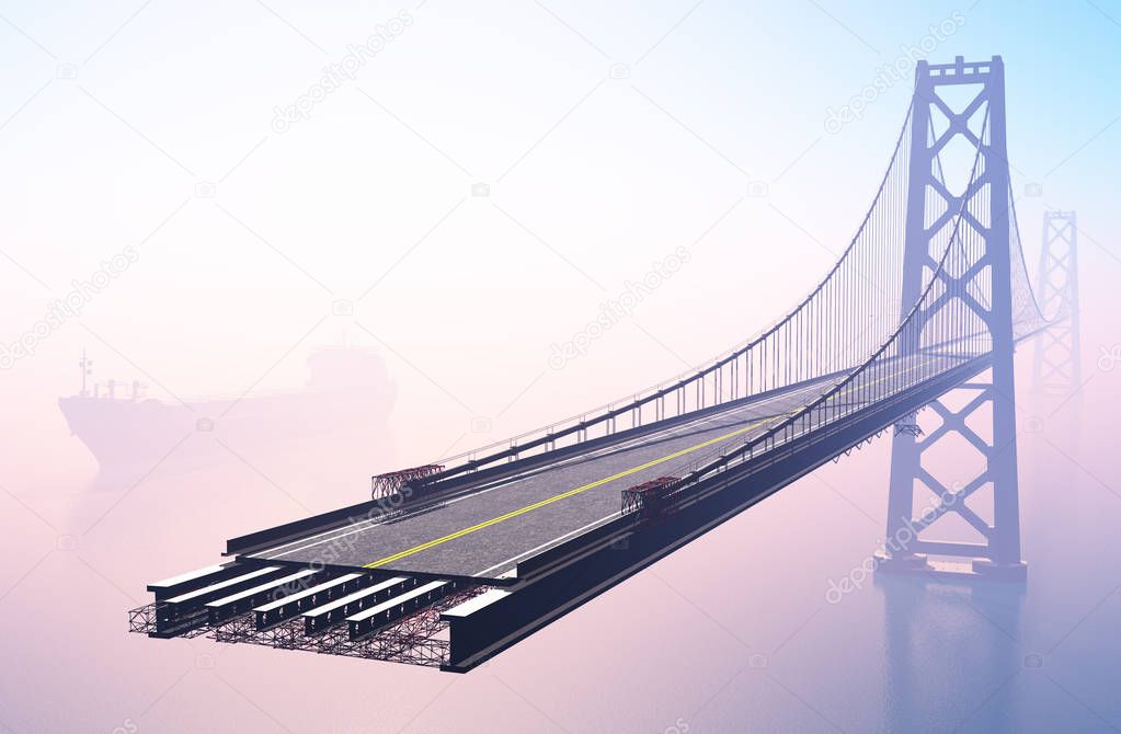 Building a bridge in the fog. ,3d render