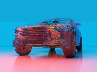 Mavi arka planda model arabalar, 3D görüntüleme