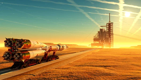 Baikonur Con Nave Espacial Contra Cielo Render —  Fotos de Stock