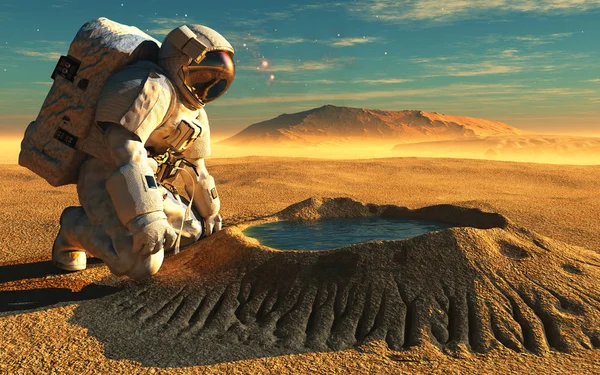 宇航员在火山口附近与水 3D渲染 — 图库照片