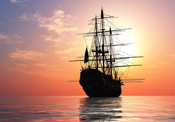 Günbatımında Denizde Eski Bir Yelkenli — Stok fotoğraf