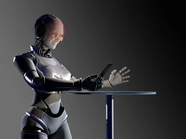 Robot Met Tablet Hand Render — Stockfoto