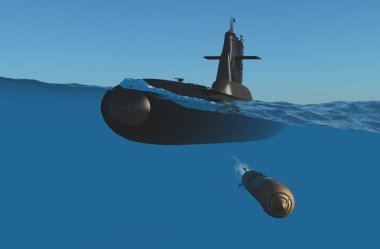 Bir denizaltı ve deniz .3d render bir torpido