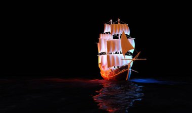 Bir Yelkenli tekne üzerinde bir siyah arka plan., 3d grafik gösterimini render