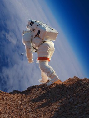 Gezegenin arka planındaki astronot 3D görüntüleme...