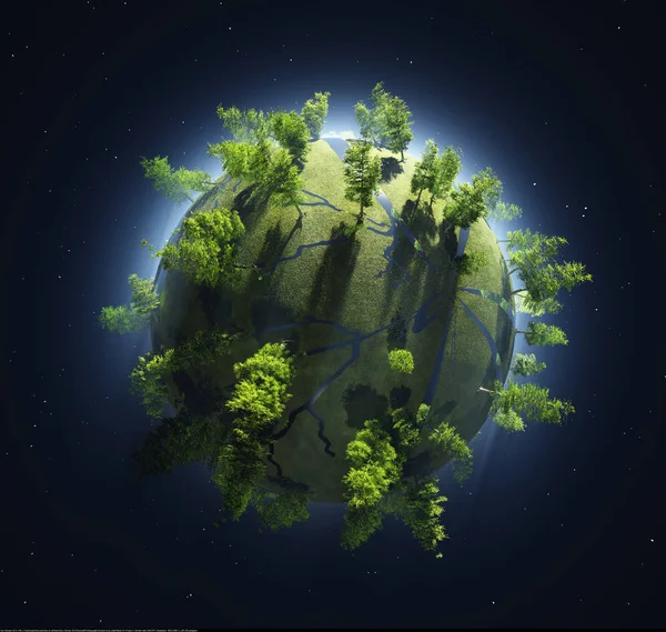 Model Świata Drzew Tle Nocnego Nieba Renderowania — Zdjęcie stockowe