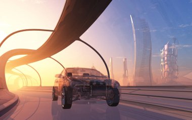 Cam bir tünelde şeffaf bir araba.