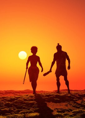 İlkel insanlar, günbatımı., 3d render