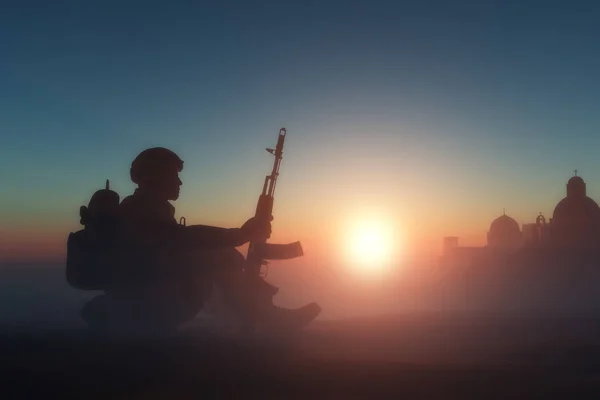 Siluet Seorang Tentara Terhadap Matahari Render — Stok Foto