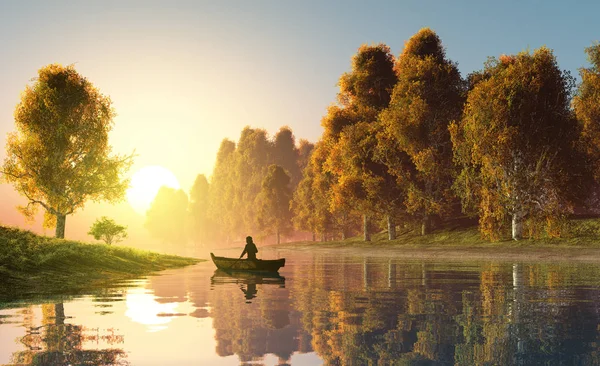 Uomo Una Barca Sullo Sfondo Del Fiume Rendering — Foto Stock