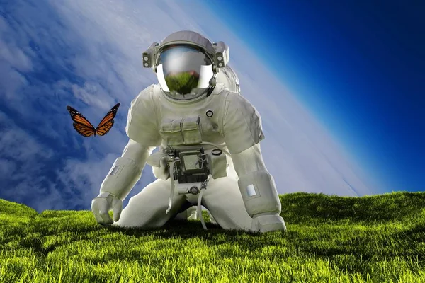 Astronaut Butterfly Grass Render — Stock Photo, Image