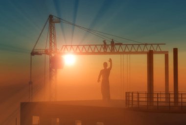 İşçinin silueti gökyüzünün arka planında, 3D görüntüleme