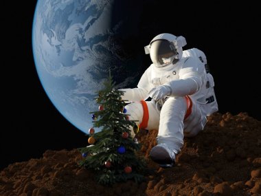 Astronot giysi bir Noel ağacı. , 3d render