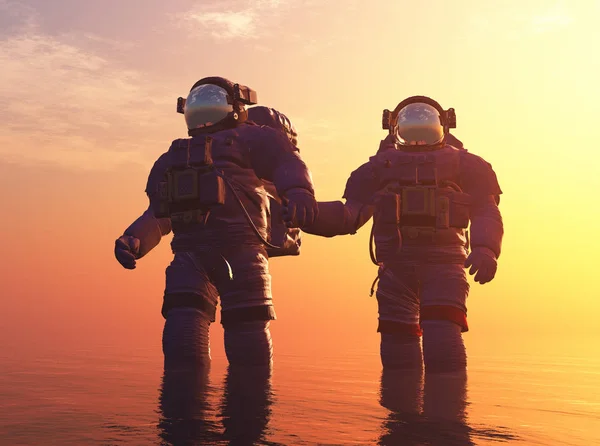 Two Cosmonauts River Render — Stock Photo, Image