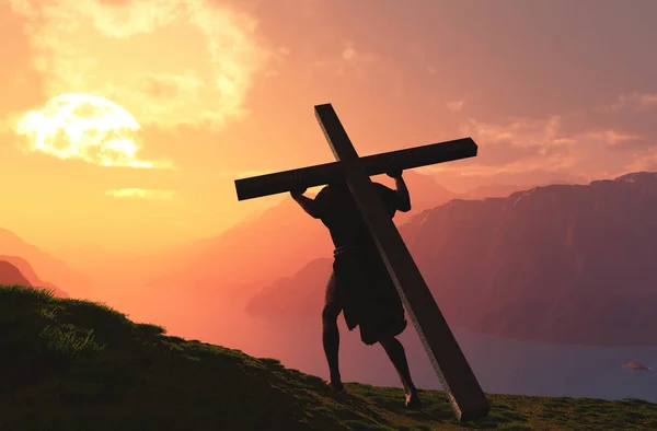 Jesus Bär Korset Vid Solnedgången Återger — Stockfoto