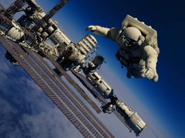 Dünya 'nın lanshafty arka planındaki astronot ve uzay istasyonu. .3d oluşturma