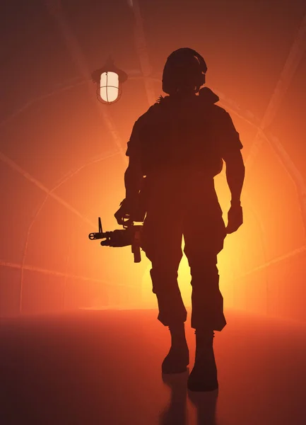 Silhouette Soldat Sur Fond Rouge Rendu — Photo