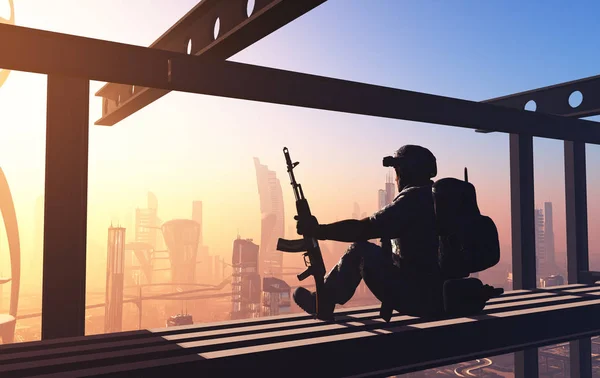 Soldier Sits Background City Render — Stock Photo, Image