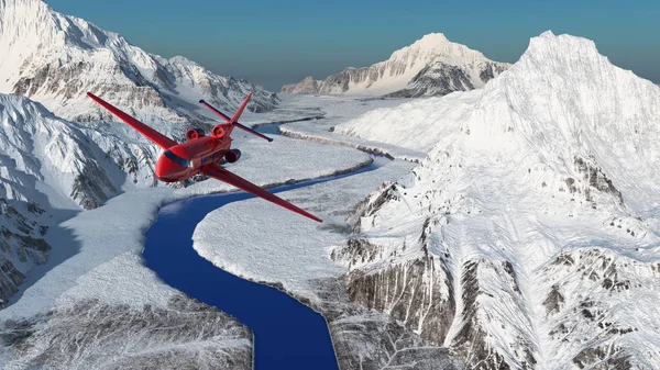 Passagierflugzeug Vor Dem Hintergrund Einer Winterlandschaft Rendering — Stockfoto